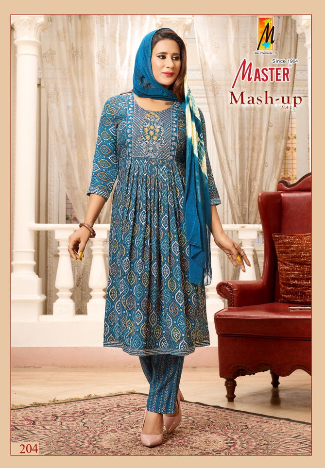 Mash Up Vol 2 By Master Naira Cut Rayon Printed Kurti With Bottom Dupatta Wholesale Online
